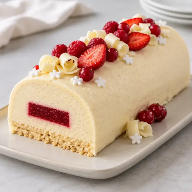 Bûche vanille, chocolat blanc et fruits rouges, fondante