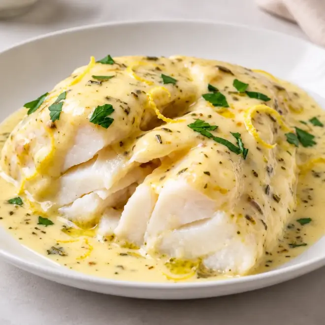 Cabillaud à la crème citronnée, fondant et brillant