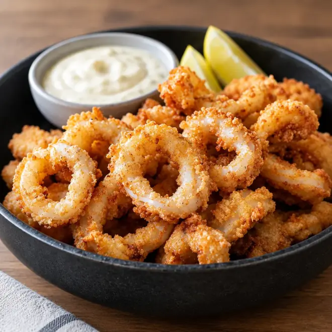 Calamars frits croustillants, panure dorée et aïoli