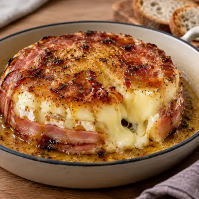 Camembert rôti : bacon croustillant et miel