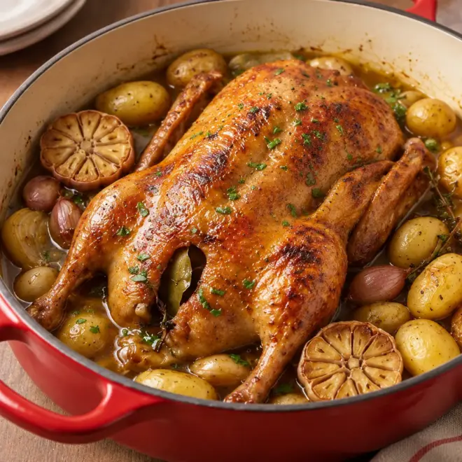 Canard rôti à l’ail, recette en cocotte