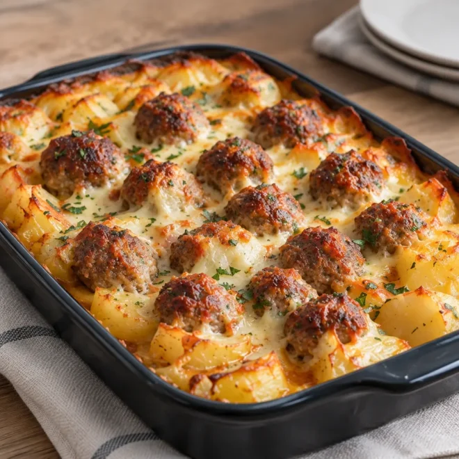 Casserole de pommes de terre et boulettes, gratinée