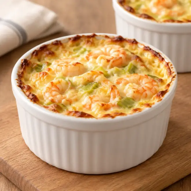 Cassolette de crevettes, crémeuse et gratinée
