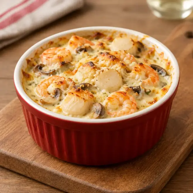 Cassolette de la mer aux noix de Saint-Jacques, crevettes et champignons