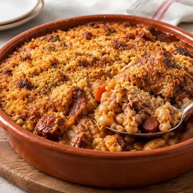Cassoulet français, haricots fondants et croûte dorée
