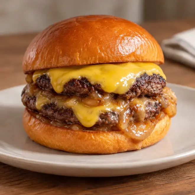 Cheeseburger maison aux oignons caramélisés