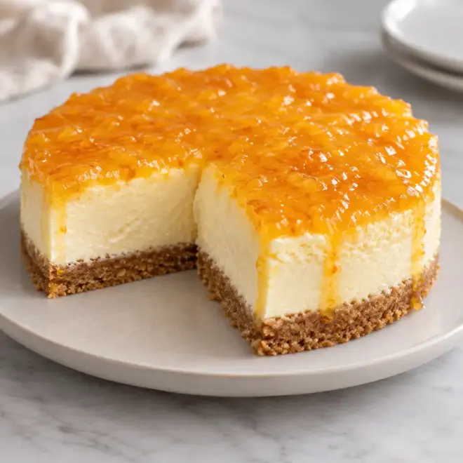 Cheesecake à l’orange, crémeux et nappé de marmelade