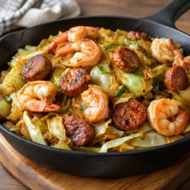 Chou frit aux crevettes, andouille dorée et chou fondant