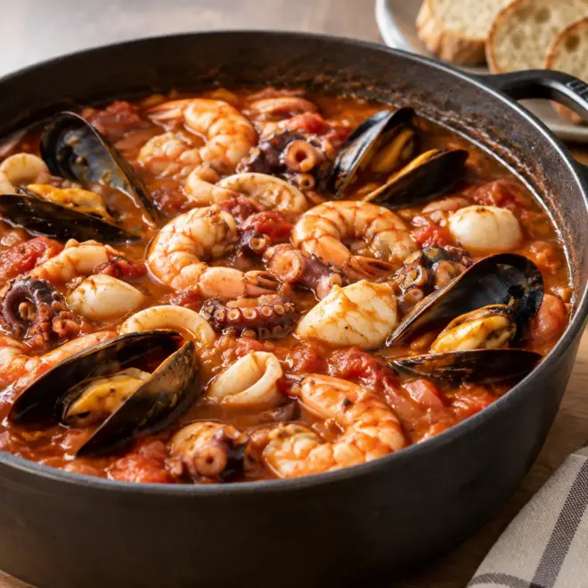 Cioppino de fruits de mer, bouillon tomate et pain grillé