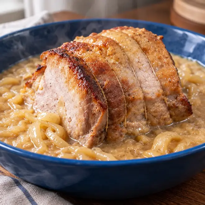 Cochon braisé aux oignons crémeux, tendre et doré