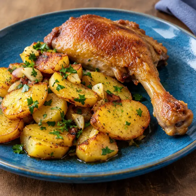 Confit de canard et pommes de terre sarladaises, doré et fondant