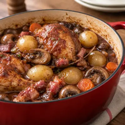 Coq au vin recette traditionnelle et fondante