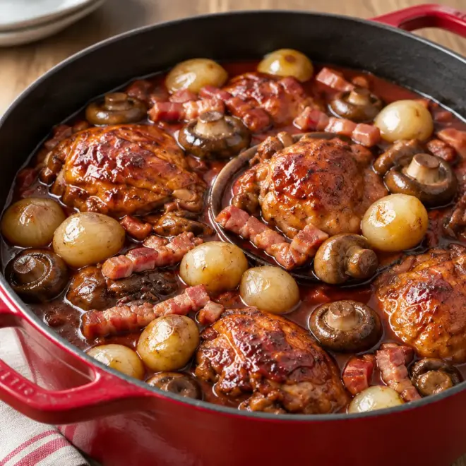 Coq au vin recette traditionnelle et fondante