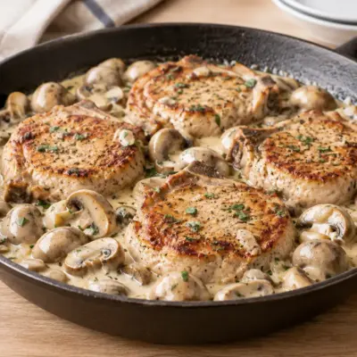 Côtelettes de porc, champignons et crème facile