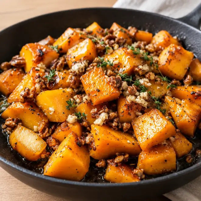 Courge glacée aux noix, tendre et bien dorée