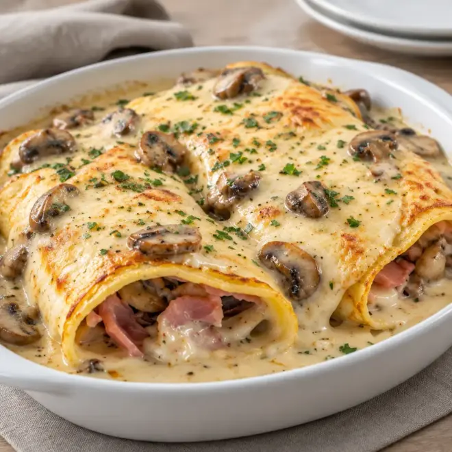 Crêpes roulées gratinées au jambon et champignons