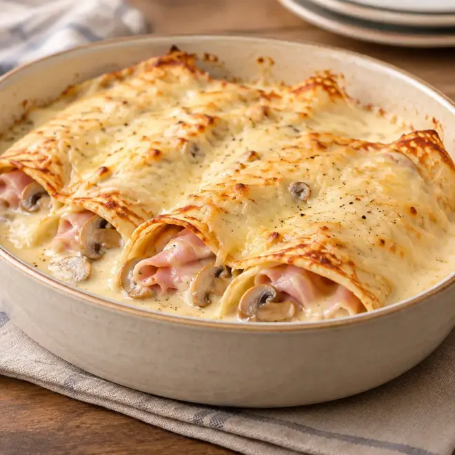 Crêpes salées au jambon et champignons gratinées