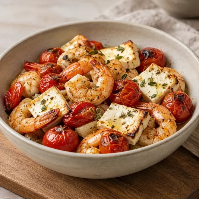 Crevettes rôties, tomates et feta au four