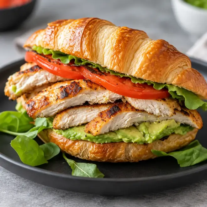 Croissant au poulet grillé, avocat crémeux et tomate