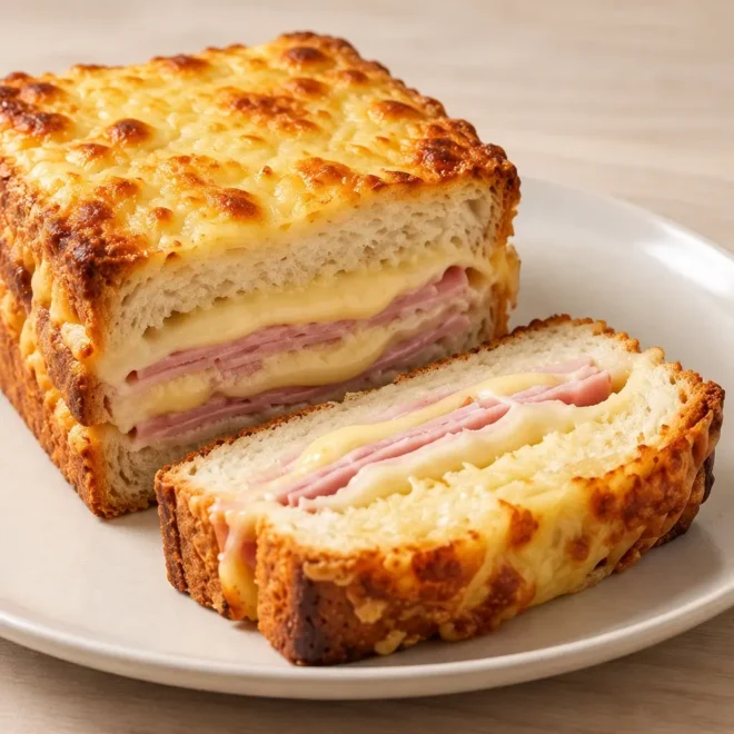 Croque-cake au jambon et à la raclette, fondant et doré