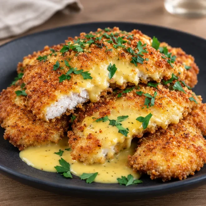 Escalopes de poulet panées, sauce crémeuse et croustillante