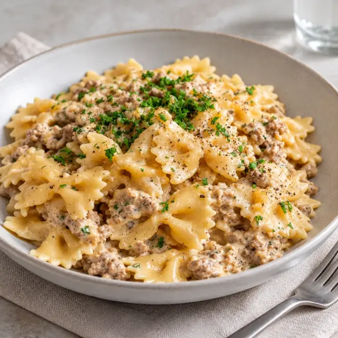 Farfalle crémeuses recette facile au bœuf