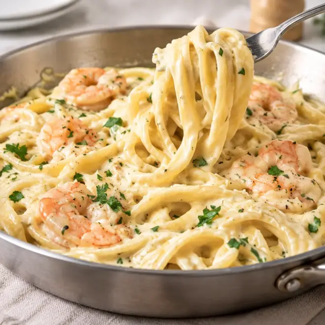 Fettuccines Alfredo aux crevettes, sauce lisse et brillante