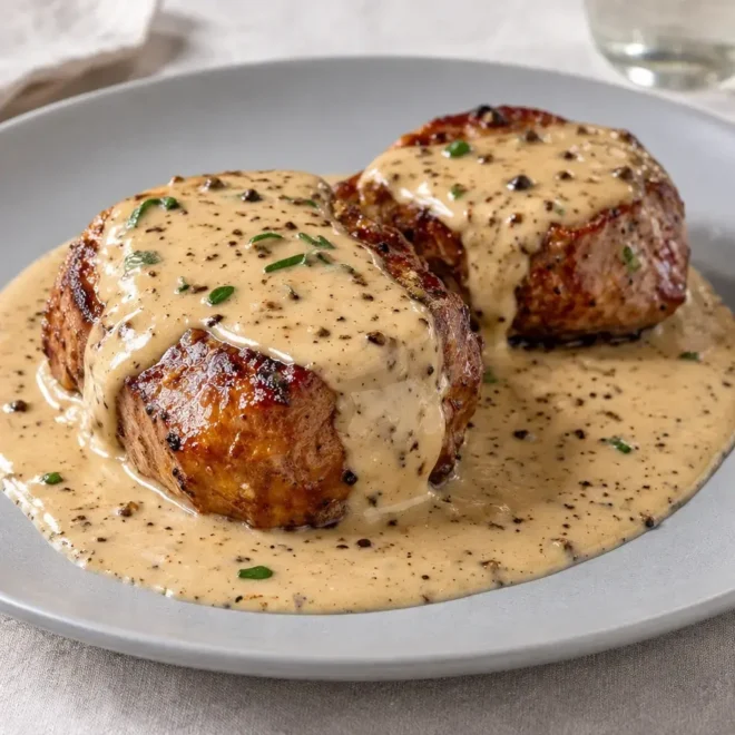 Filet mignon de porc, sauce crémeuse au poivre