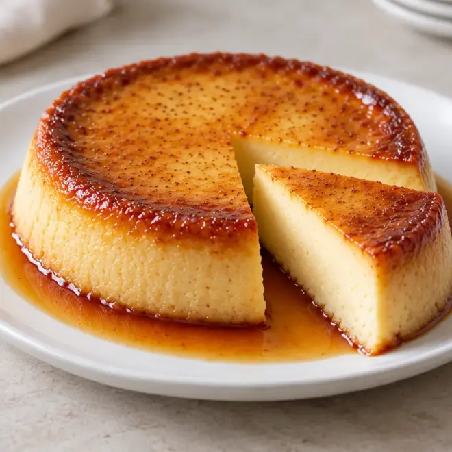 Flan au caramel, ferme et crémeux à cœur