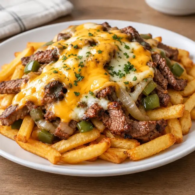 Frites garnies au steak et fromage maison