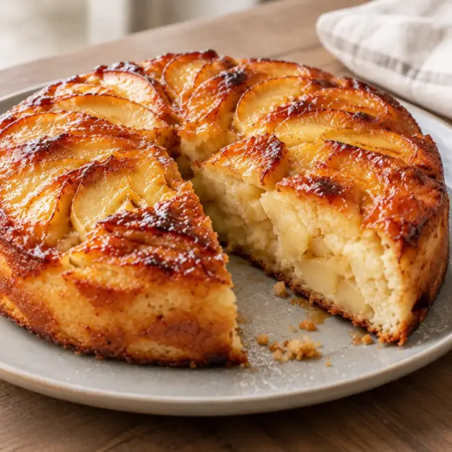 Gâteau aux pommes et au caramel, fondant et doré