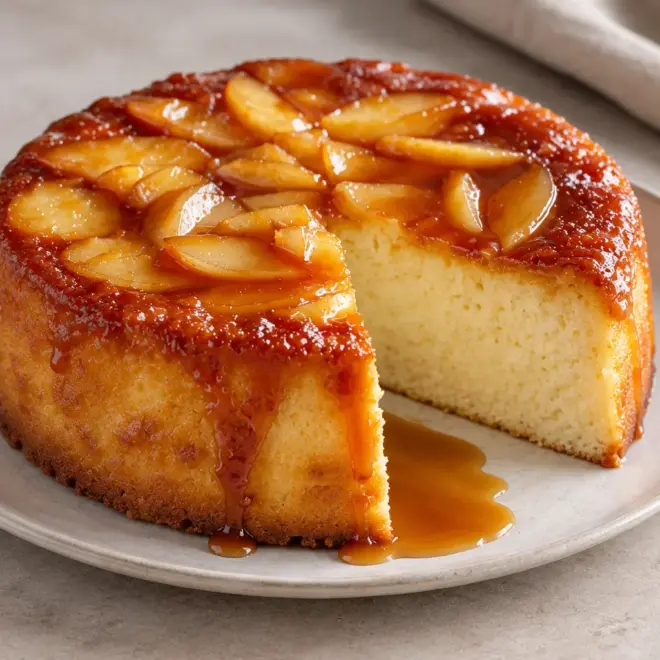 Gâteau moelleux aux pommes, caramel brillant et mie tendre