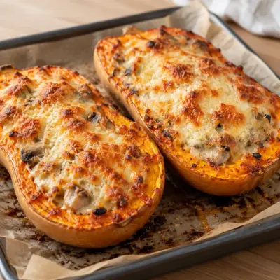 Gratin courge butternut farcie aux champignons