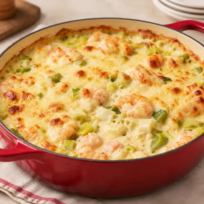 Gratin crevettes poireaux facile et crémeux