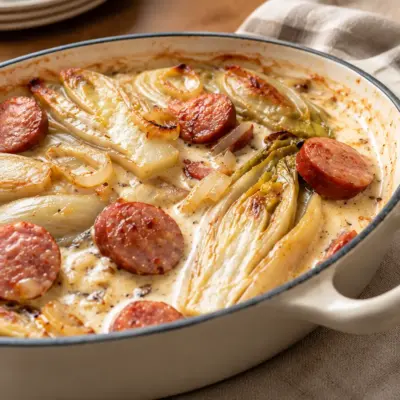 Gratin d’endives à la saucisse facile et crémeux