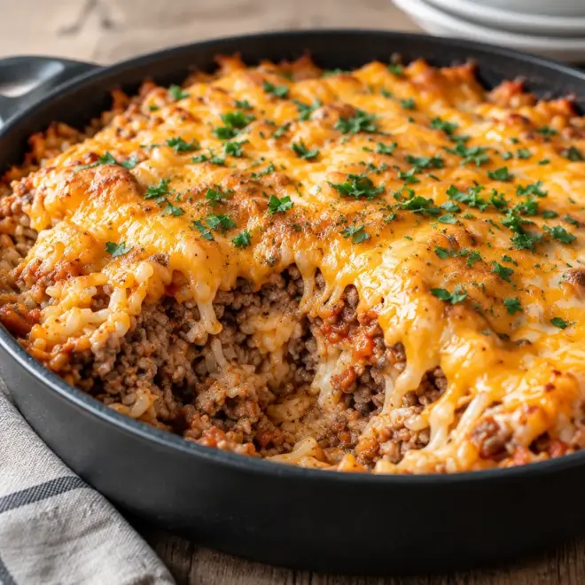 Gratin de bœuf facile, riz et fromage doré