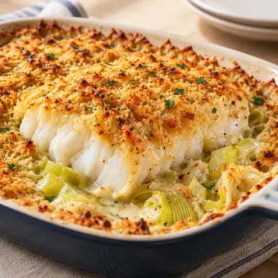 Gratin de cabillaud facile aux poireaux crémeux