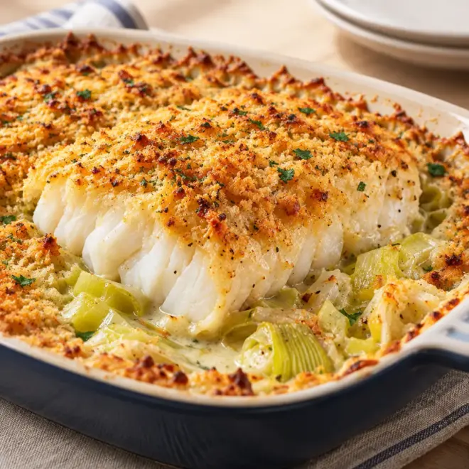 Gratin crémeux de cabillaud aux poireaux