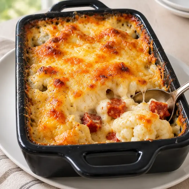 Gratin de chou-fleur au chorizo facile et crémeux