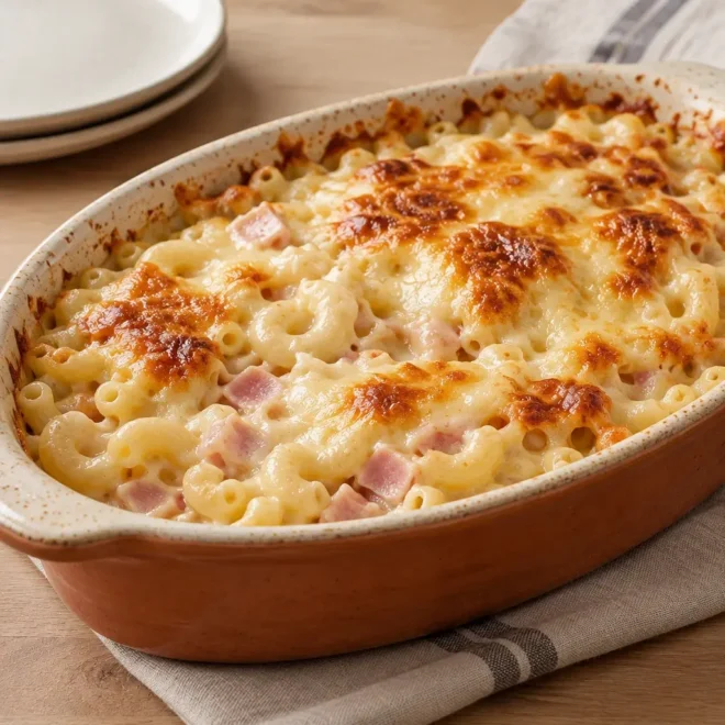 Gratin de coquillettes au jambon, crémeux et doré