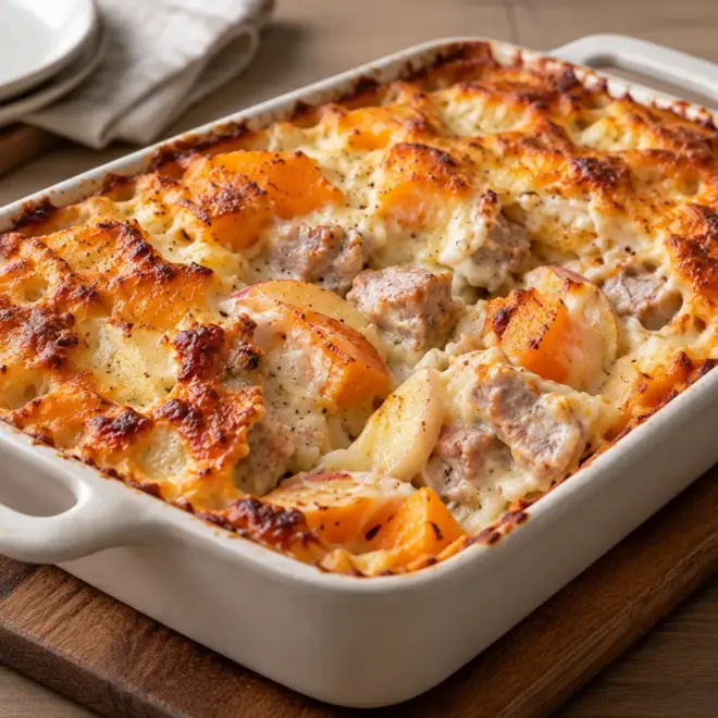 Gratin de courge butternut au porc et aux pommes