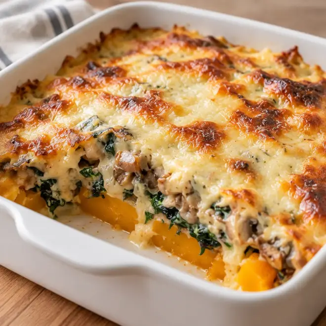 Gratin de courge facile, épinards et champignons