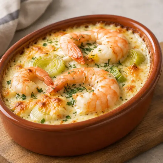 Gratin de crevettes facile aux poireaux crémeux