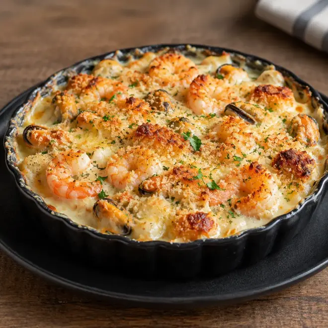 Gratin de fruits de mer, crémeux et bien gratiné, en 45 minutes