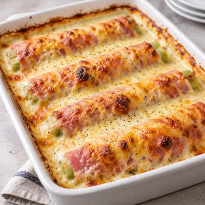 Gratin de jambon et poireaux, fondant et gratiné