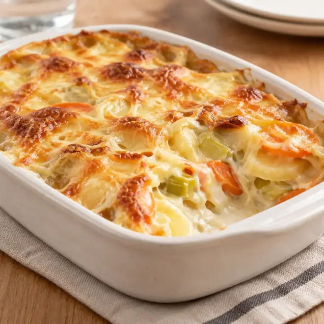 Gratin de légumes au fromage, crémeux et doré