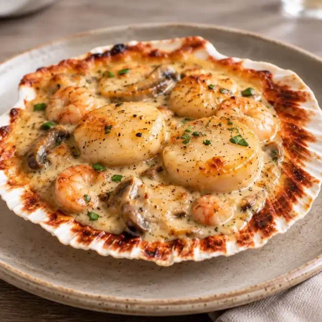 Gratin de fruits de mer crémeux et doré
