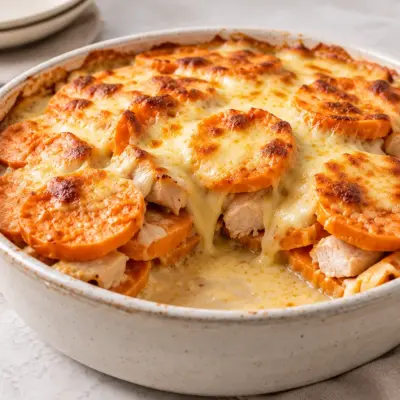 Gratin de patates douces, poulet et fromage