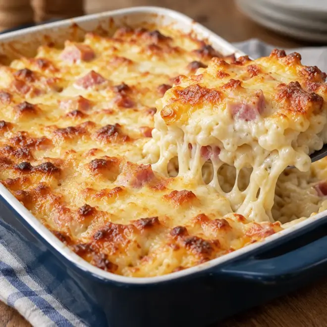 Gratin de pâtes au jambon, crémeux et gratiné