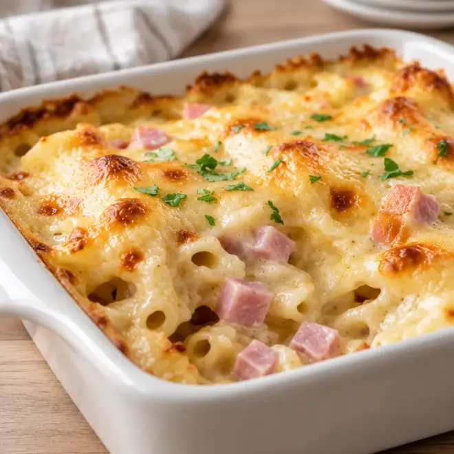 Gratin de pâtes au jambon facile et crémeux